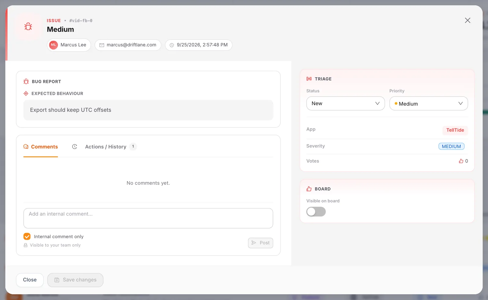 Bug report detail with triage status, priority, and expected behaviour