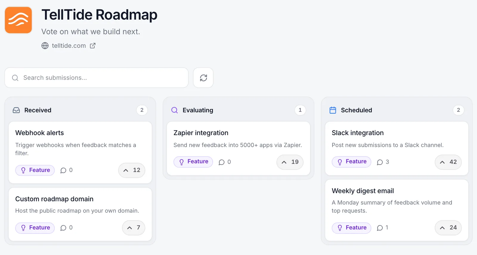 Public product roadmap where users vote on ideas in the received, evaluating, and scheduled columns