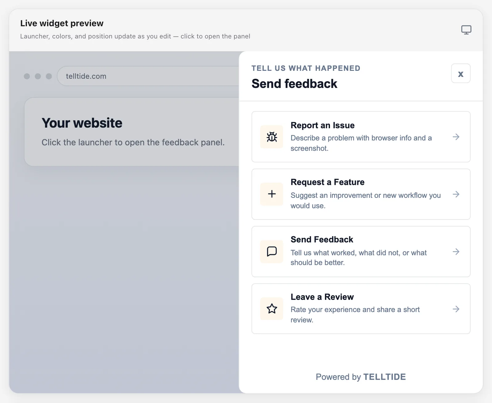 TellTide feedback widget open on a website with issue, feature, feedback, and review options